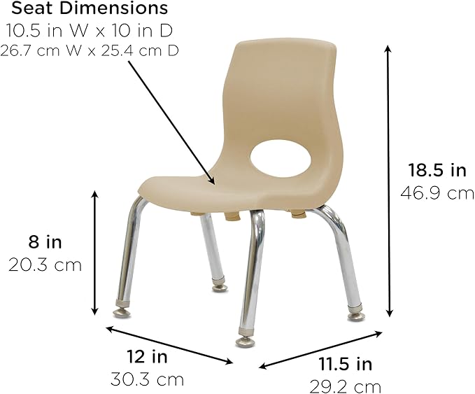 Children’s Factory MyPosture Plus 8" Chair, Tan with Chrome Legs, 2 Pack, Stackable Ergonomic Seating Solution for Classrooms and Homeschools