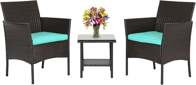 FDW 3 Piece Outdoor Furniture Set Patio Brown Wicker Chairs Furniture Bistro Conversation Set 2 Rattan Chairs with Blue Cushions and Glass Coffee Table for Porch Lawn Garden Balcony Backyard