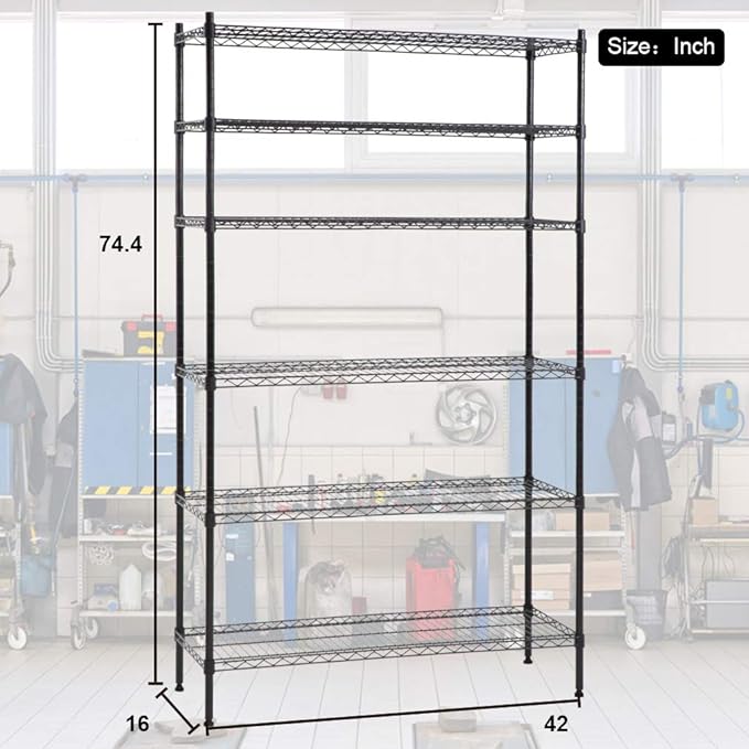 PayLessHere 42" D x 16" W x 72" H Wire Shelving Unit Heavy Duty Storage Rack 6-Tier Metal Shelf Garage Organizer Wire Rack,Black