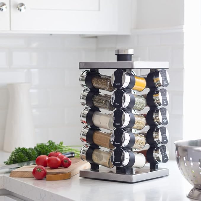 Orii 20 Jar Spice Rack with Spices Included - Tower Organizer for Kitchen Spices and Seasonings, (Silver Black)