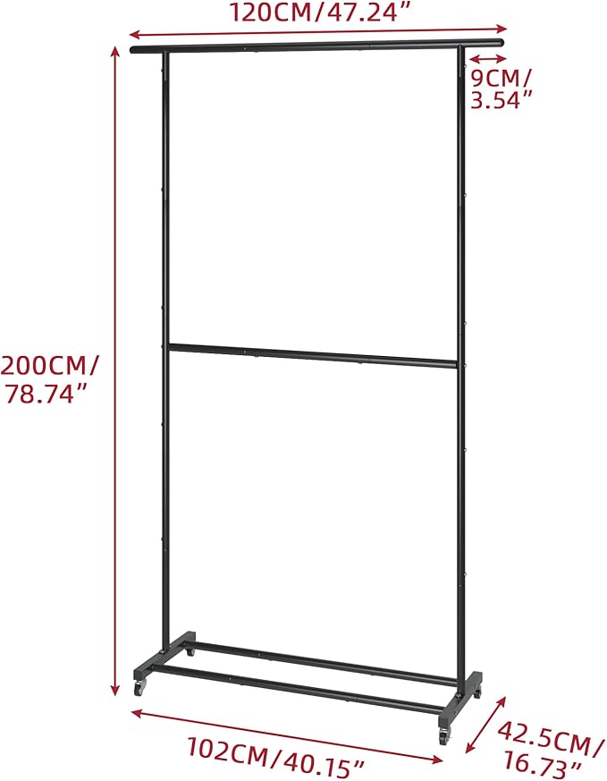 Sywhitta Double Rod Clothing Garment Rack, Rolling Clothes Organizer on Wheels for Hanging Clothes, Easy to Assemble, Adjustable, Black