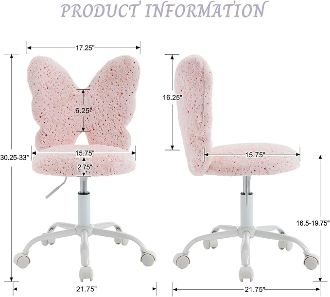 Cute Fuzzy Kids Chair for Teenage Girls Rolling Study Desk Student Chair Furry Computer Task Chair, Adjustable Butterfly Shaped Reading Vanity Chair for Bedroom, Pink