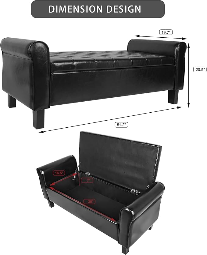 Storage Ottoman Bench with Arms, End of Bed Bench for Bedroom, Button Tufted for Entryway, Living Room,Hallway, Foot Rest (Black)