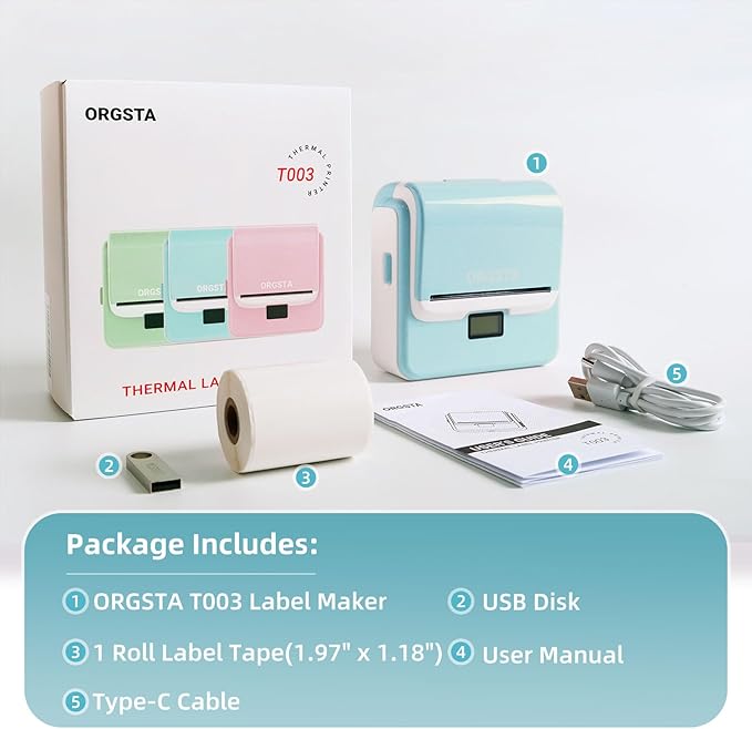 ORGSTA Label Maker Machine with Tape, T003 Thermal Label Maker, 3.15 Inch Bluetooth Label Printer Compatible with Phone & PC, Sticker Printer Barcode Thermal Maker for Small Business, Home, School