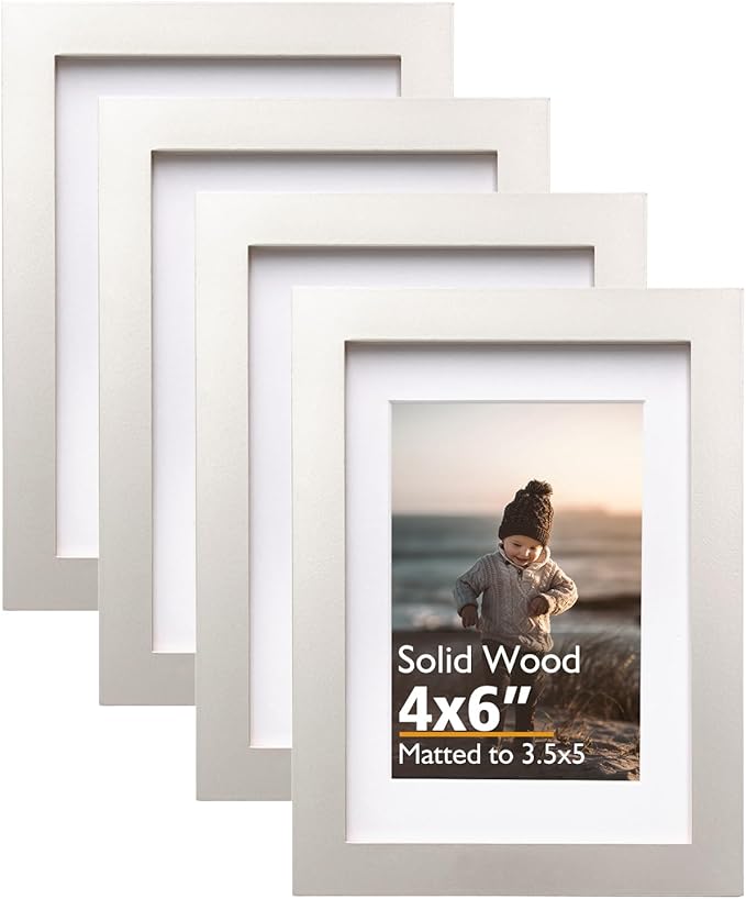KINLINK 4x6 Picture Frame Light Grey, Solid Wood Frames with Acrylic Plexiglass for Pictures 3.5x5 with Mat or 4x6 without Mat, Tabletop and Wall Display Photo Frame, Set of 4