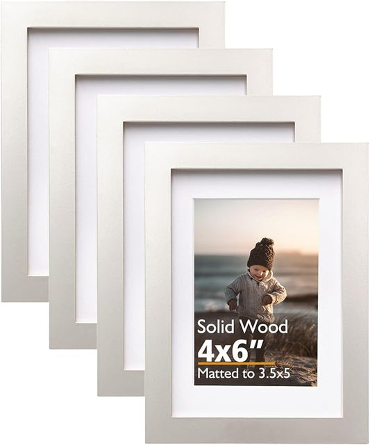 KINLINK 4x6 Picture Frame Light Grey, Solid Wood Frames with Acrylic Plexiglass for Pictures 3.5x5 with Mat or 4x6 without Mat, Tabletop and Wall Display Photo Frame, Set of 4