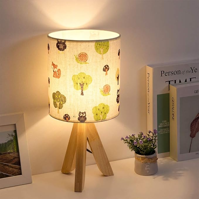 HAITRAL Tripod Table Lamp - Kids Nightstand Lamp with Fabric Cartoon Lampshade for Bedrooms and Living Room