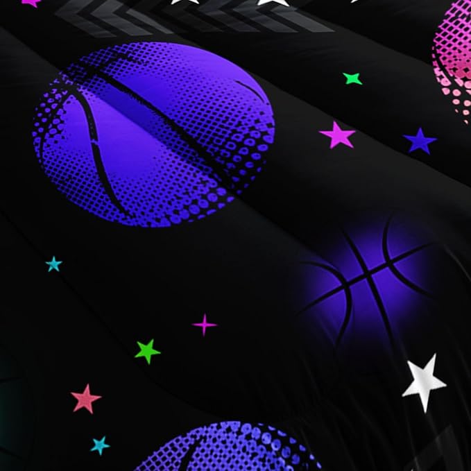 Kids Comforter Set Glowing Basketball Printed Pattern Bedding Set with 1 Comforter and 2 Pillowcases for Girls Boys Bedroom All Season(Basketball1 Full)