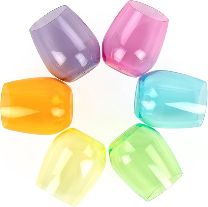 Acrylic Colored Wine Glasses Set of 6 BPA-Free Plastic, Tritan & acrylic Stemless wine glasses- Dishwasher Safe Unbreakable Glass for Indoor & Outdoor Plastic Glass for Wine & Water(Bright)