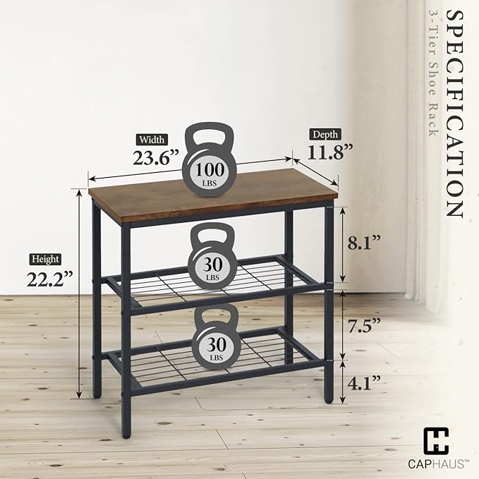 CAPHAUS 3-Tier Shoe Rack for Entryway, Mudroom Shoe Bench, Small Shoe Rack, Metal Shoe Shelf with Wood Board, Industrial Shoe Storage Table for Hallway, Living Room, Bedroom, Closet, Rustic Oak