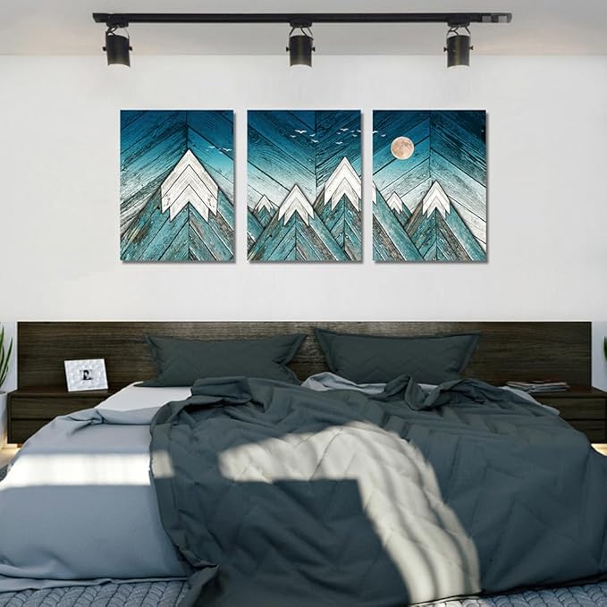 MHARTK66 Wall Art for Living Room Wall decoration for Bedroom office modern family Wall Artworks mountain Pictures blue Abstract Vintage wood grain 3 Piece Home Decor large Canvas Frame Art Prints