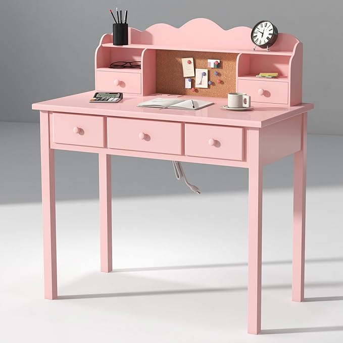 Home Office Furniture Writing Desk,Computer Work Station with Detachable Hutch,5 Drawers(Pink)