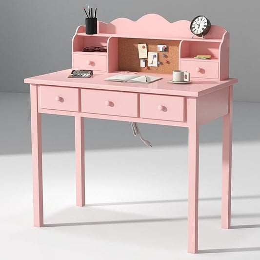 Home Office Furniture Writing Desk,Computer Work Station with Detachable Hutch,5 Drawers(Pink)