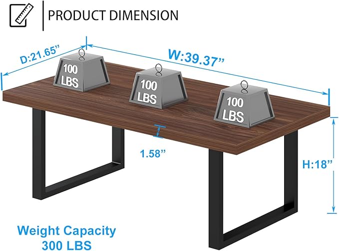 IBF Walnut Coffee Table, Minimalist Wooden Living Room Table, Modern Simple Rectangle Center Table, Vintage Rustic Wood and Metal Cocktail Tea Coffee Table for Home Bedroom Office, Walnut, 39 Inch