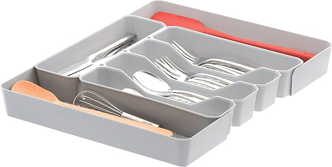 Spectrum HEXA 5-Divider Expandable Silverware Tray (Stone Gray) - In-Drawer Organizer for Kitchen Accessories, Cutlery, Knives, & More/Easy-to-Clean Home & Apartment Essential (Pack of 2)