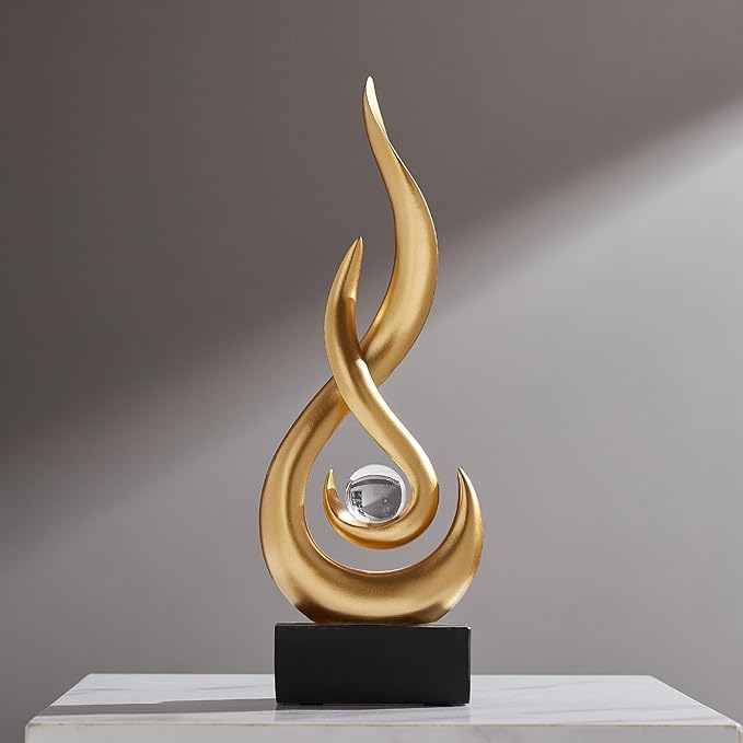 AWNR Abstract Gold Sculpture Decor: Flame Statue with Glass Ball Resin Art Figurines Unique Centerpiece Table Decorations Modern Home Decor Living Room TV Stand Coffee Table Office Decor