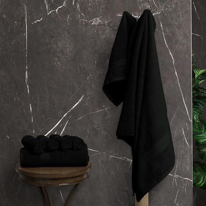Avalon Towels Luxury 8 Piece Towels Set, 2 Bath Towels, 2 Hand Towels and 4 Washcloths, 600 GSM 100% Ring Spun Cotton Highly Absorbent Bathroom Towel Set, Ideal for Hotel, Spa and Gym (Black)