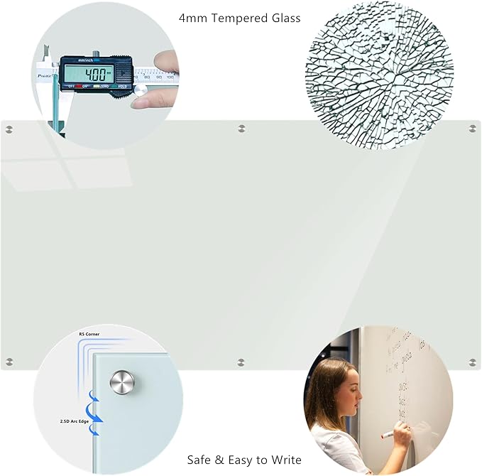 Glass Whiteboard 6' x 4', Magnetic Glass Dry Erase Board Frameless Wall Mounting, Large White Board for Office Home & School