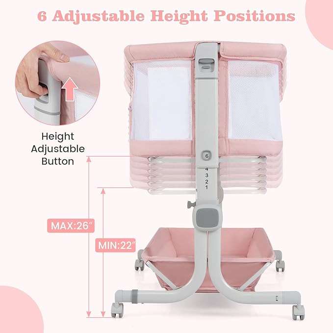 INFANS 3 in 1 Baby Bassinet, Bedside Sleeper with Comfy Mattress, Wheels, 6 Height Adjustable, Storage Basket, Travel Bag, Portable All Mesh Crib for Newborn Infant (Pink)