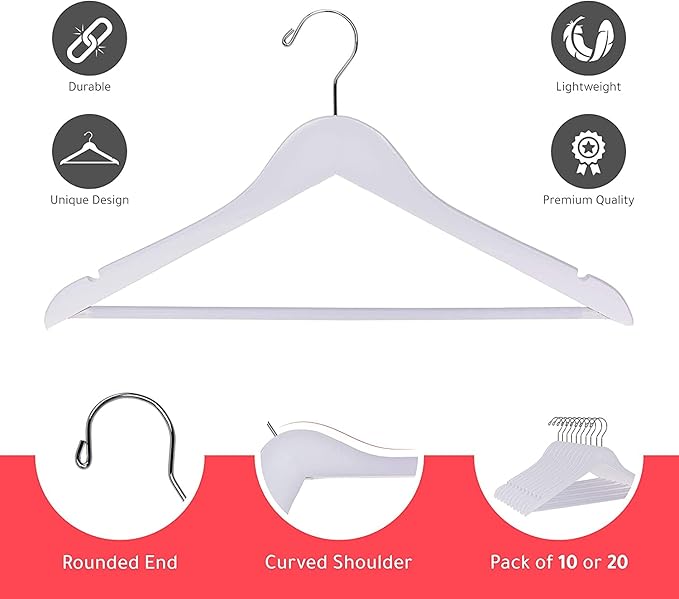 30 Quality Wooden Hangers - Slightly Curved Hanger 30-Pack Sets - Solid Wood Coat Hangers with Stylish Chrome Hooks - Heavy-Duty Clothes, Jacket, Shirt, Pants, Suit Hangers (White, 30), 17.5 inch