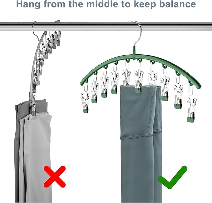 Legging Organizer for Closet, Metal Yoga Pants Hangers 1 Pack w/10 Clips Holds 10 Leggings, Space Saving Hanging w/Rubber Coated Closet Organizers and Storage, Green
