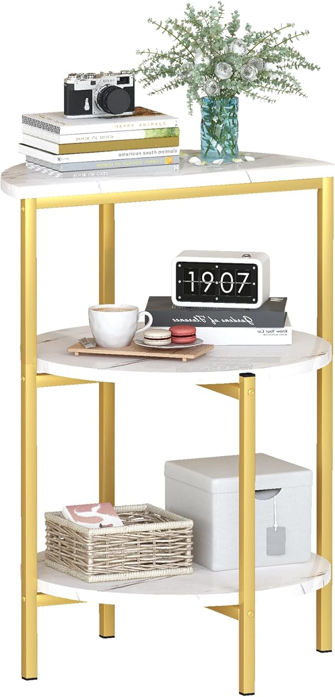 AWQM Marble Side End Table, 3-Tier Sofa Side Table,Small Round Coffee Table Bedside Table, Corner Table w/Metal Frame for Living Room Bedroom, White+Gold