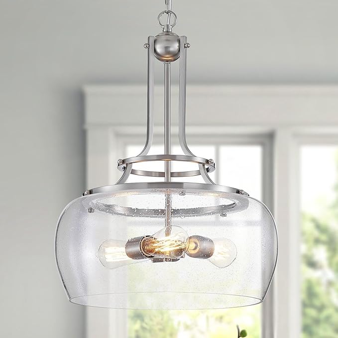WUZUPS Chandelier Rustic Farmhouse Industrial Round Ceiling Pendant LED Light Fixture Clear Seeded Glass Shade for Dining Room Kitchen Island Foyer Entryway, H 20.9" x W 15.9", Brushed Nickel