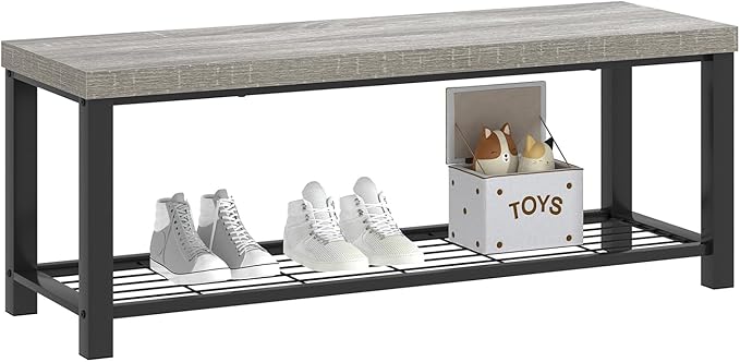 FOLUBAN Entryway Bench, Vintage Wood and Metal Storage Bench with Metal Shelf, Indoor Shoe Rack Bench Seat for Living Room, Bedroom, Hallway, Entrance, Light Grey, 47 Inch