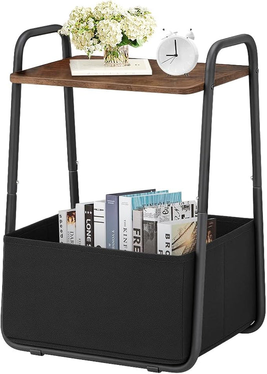 Rustic Brown Metal Frame Nightstand - Small Side Table with Fabric Storage Basket and Handle - Ideal for Bedroom & Living Room & Dorm