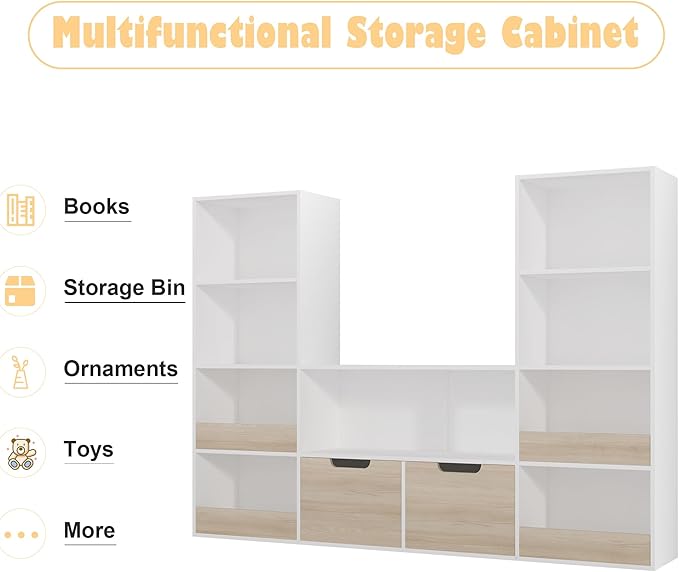 Toy Organizer and Nursery Bookshelf, 4-Tier Wooden Kids Bookcase with Storage Bins, Playroom Storage Rack for Toys and Books, Toy Storage Organizer for Playroom, Nursery, Classroom, Oak & White