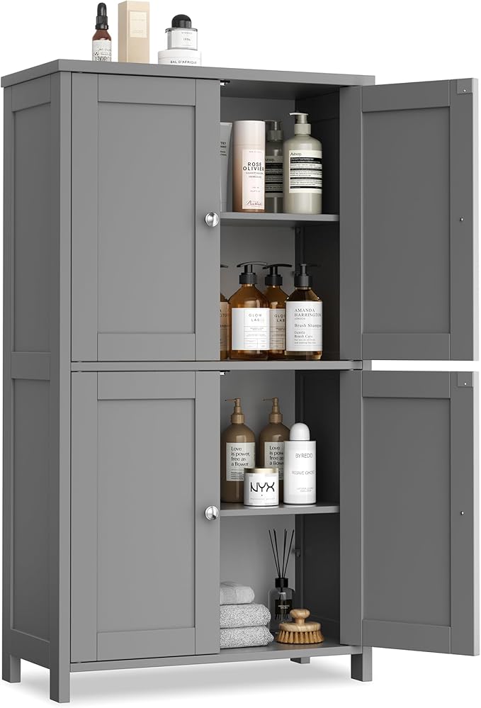 Vongrasig Bathroom Floor Storage Cabinet, Modern Storage Unit with 4 Doors and Adjustable Shelves, Freestanding Sideboard Cabinet for Bathroom, Kitchen, Living Room, Grey
