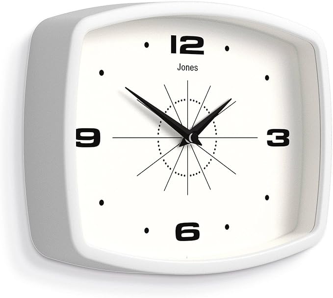JONES CLOCKS® Movie Wall Clock | Retro Rectangular Clock | 10 inch | White | Cool mid-Century Designer Look for Kitchen, Living Room or Office