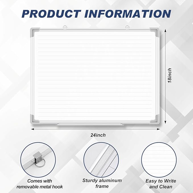 Lincia Magnetic Dry Erase Whiteboard with Lines, 24" x 18" White Board Planner for Wall, Planning Board Magnetic Ruled Dry Erase Whiteboard with Aluminum Frame for Home School Classroom Office(Line)
