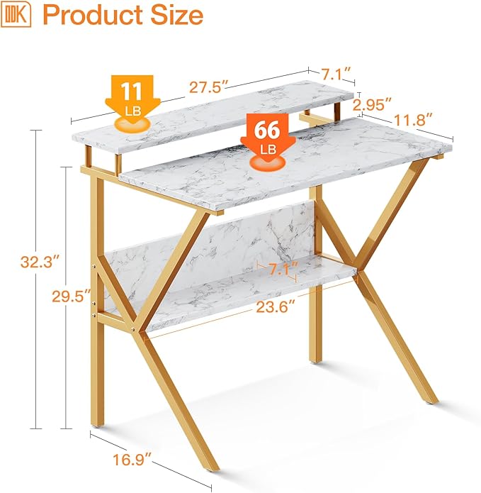 ODK Small Desk, 27.5 Inch Computer Desk for Small Spaces, Compact Desk with Storage, Tiny Study Table with Monitor Stand for Home Office, White Marble + Gold Leg
