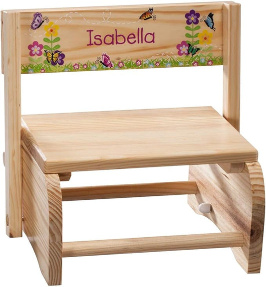 Custom 2-in-1 Children's Step Stool and Chair, Customized with Kid’s Name, Butterflies and Flowers Design