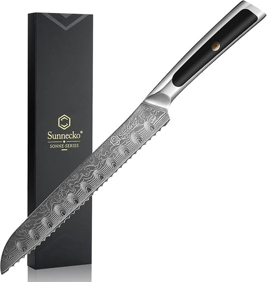 Sunnecko Bread Knife 8 inch, Serrated Bread Knife for Homemade Bread with 67-layers VG10 Damascus Steel Blade, Japanese Bread Knife with Solid Handle Bread Cutting Knife Bread Knives Cake Knife