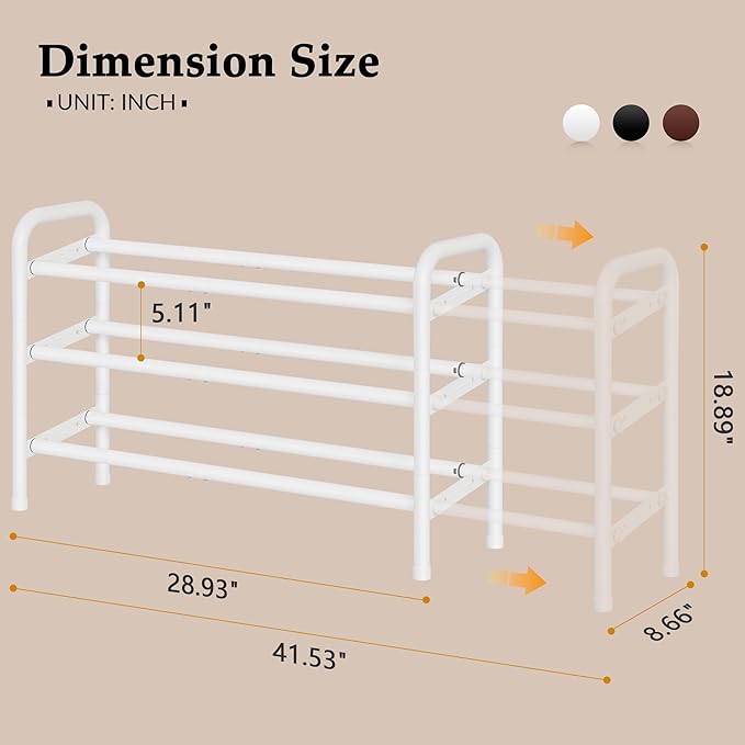 Shoe Rack for Closet, 3 Tier Shoe Organizer, 28“ Metal Shelf Can Expandable to 42“, for Closet, Entryway, Bedroom, Garage, Adjustable to 18 Pairs Shoes, White