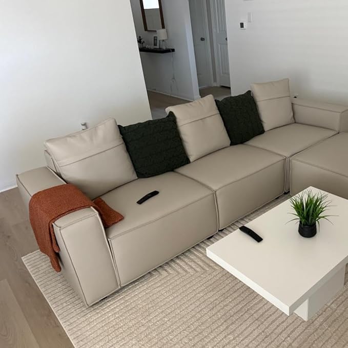 Acanva Luxury Modular Sectional Living Room Sofa Set, Modern Minimalist Style Couch with Ottoman and Chaise, L-Shape, Cream