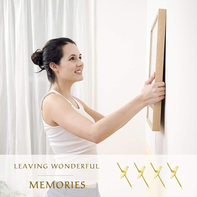 60pcs Picture Hangers, 20lbs Picture Hanging Hooks, Iron Alloy Nail Hooks, Professional Plaster Picture Hanging Kit on Wooden/Drywall Hanging Hardware for Clock,Mirror,Jewelry Golden