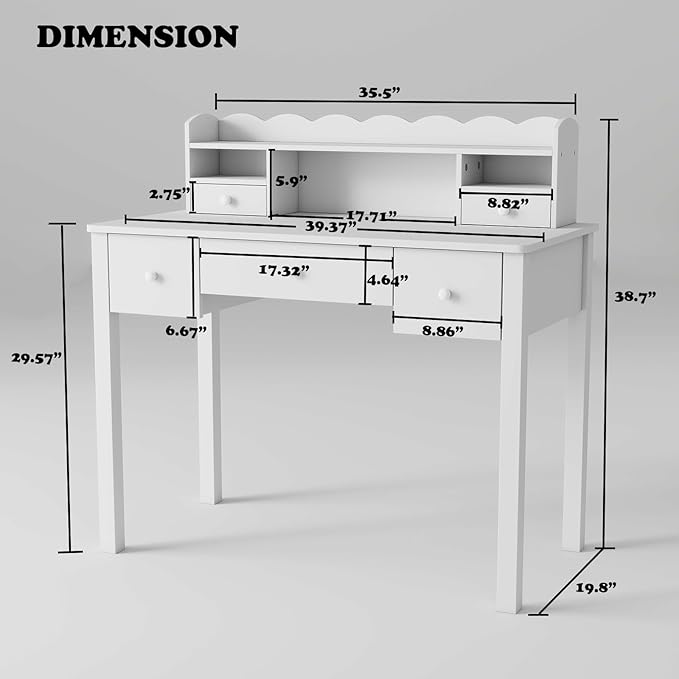 White Wrting Desk with Hutch and Drawers - 40 Inch Small Student Desk for Home Office, Study Desk for Teen