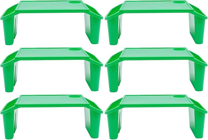 6 Pcs Kids Lap Desk Tray, Plastic Breakfast Lap Desk Trays with Side Pockets and Slot, Portable Lap Table Snack Tray for Eating, Writing, Drawing, Game, 19.69" L x 9.84" W x 7.1" H (Green*6)