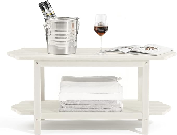 2 Tier Patio Table-White Outdoor Coffee Table Adirondack Balcony Table for Garden Pool