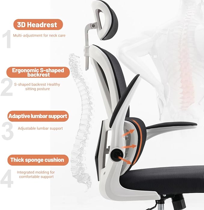 Ergonomic Office Chair Computer Desk Chairs with Flip-up Armrests and Lumbar Support, High Back Mesh Gaming Chairs Rolling Work Swivel Task Chairs with Adjustable Headrest