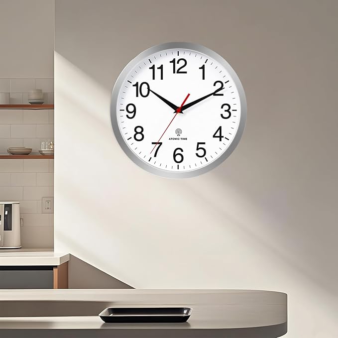 Atomic Wall Clock Modern 12 Inch Battery Operated Silent Non Ticking Analog Clock Decorative for Bedroom Kitchen Bathroom Office Home Living Room (Silver)
