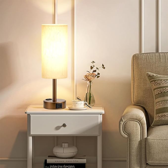 Brown Bedside Table Lamp for Bedroom - 3 Way Dimmable Touch Lamp USB C Charging Ports and AC Outlet, Small Lamp Round Flaxen Cream Fabric Shade for Living Room, Desk, LED Bulb Included