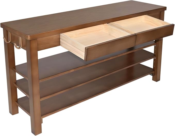 Wood Shoe Bench Entryway with Drawer: 3-Tiers Wooden Storage Shoe Rack with Bench Seat, Compact Mid-Century Modern Design for Entryway, Hallway,Closet,Front Door Entrance,Foyer Walnut 43.3"