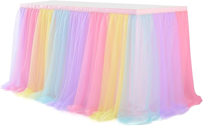 Rainbow Table Skirt for Baby Shower Girl Birthday Party 14ft Colorful Tulle Tutu Table Skirt Decorations for Gender Reveal Unicorn Theme Party Cake Dessert Decorations(L14(ft) H 30in, Rainbow)