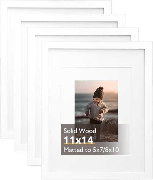 KINLINK 11x14 Picture Frame White, Solid Wood Frames with Acrylic Plexiglass for Pictures 5x7/8x10 with Mat or 11x14 without Mat, Tabletop and Wall Display, Set of 4