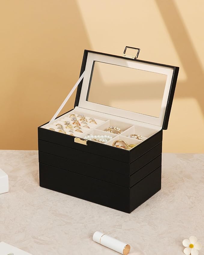 Homde Jewelry Tray Stackable Jewelry Box Drawer Organizer with Glass Lid, Removable Dividers for Vanity Table Gift Idea for Girls and Women (Black)