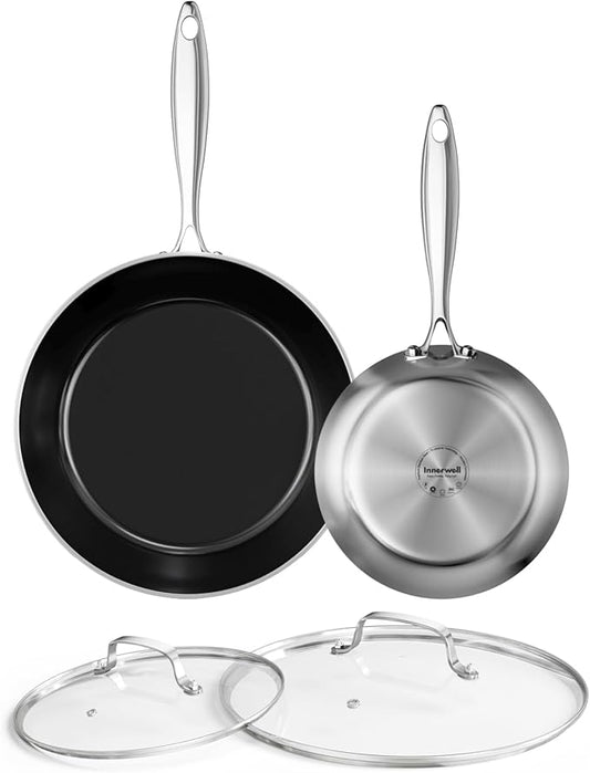 Stainless Steel Frying Pan Set with Lid 8.6inch and 12inch Titanium Ceramic Nonstick Frying Pan Kitchen Cookware Set Skillet with Stay-Cool Handle Non Toxic PFOA Free Suitable for All Stove